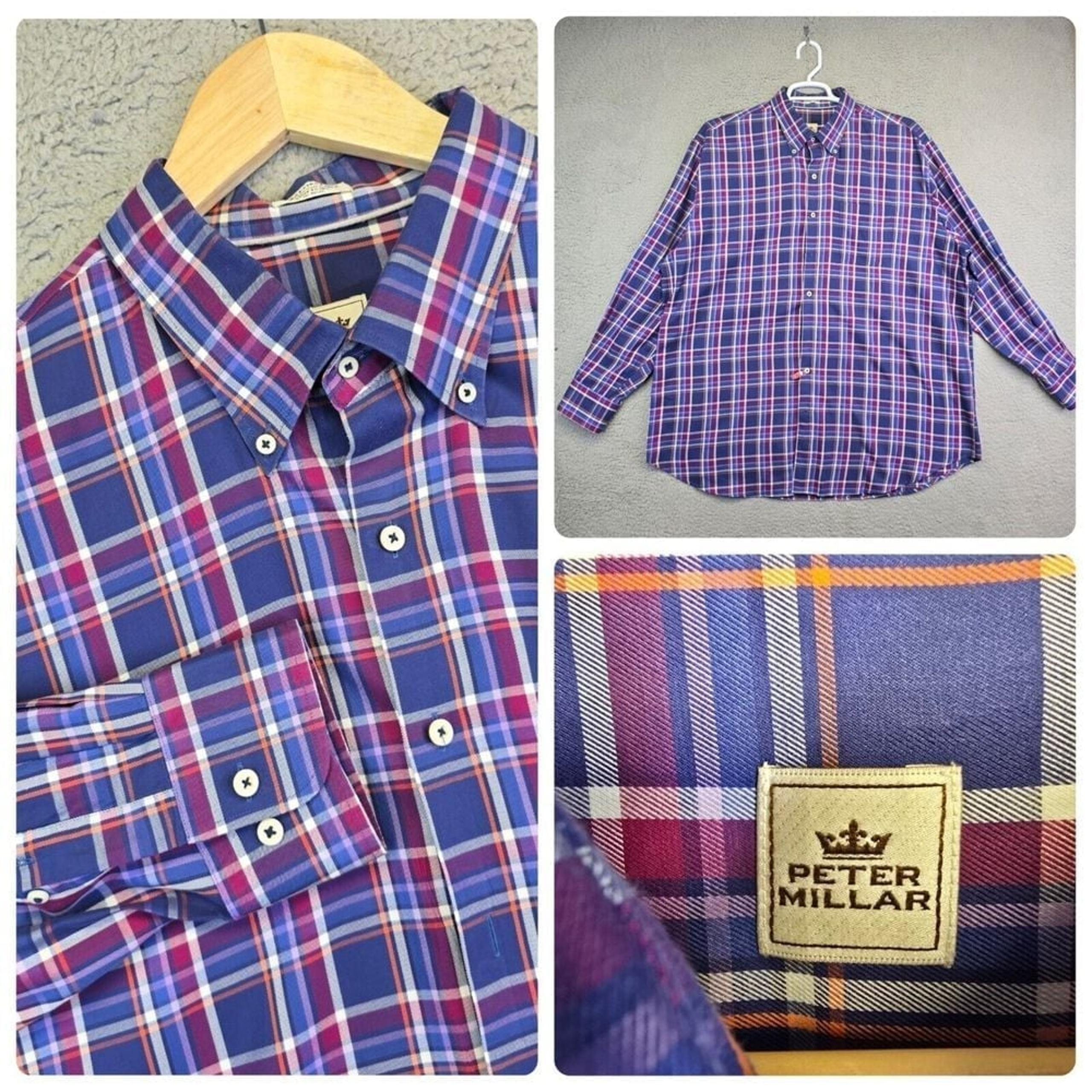 Peter Millar Button Up Shirt Men's XXL 2XL Purple Plaid Preppy Holiday Golf