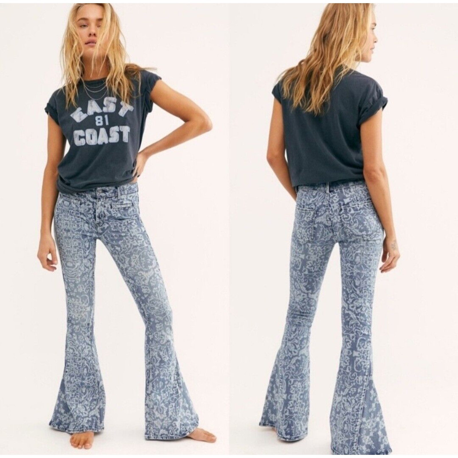 Free People Dream Lover Paisley Printed Flare Jeans 31 Stretch High Rise Cowgirl
