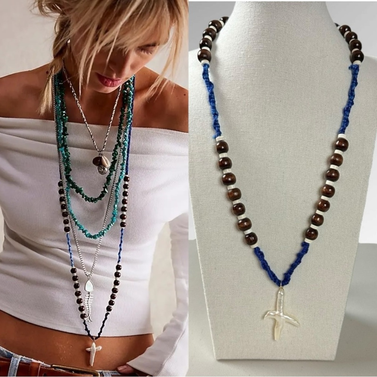 Free People Ariana Ost Easy Does It Pearl Cross Strand Necklace Bohemian Beach