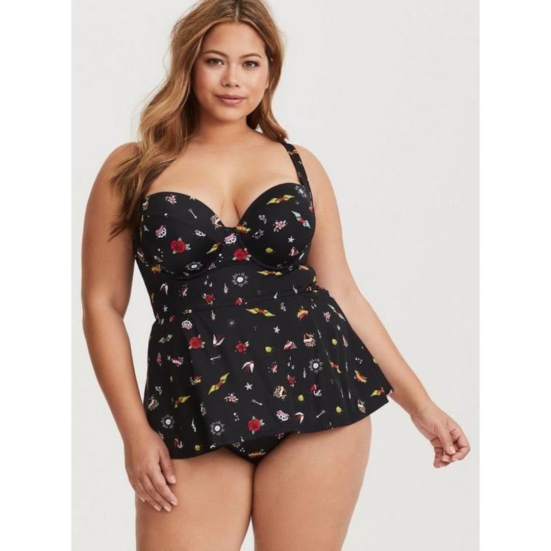 Torrid Underwire Push Up Peplum One Piece Swimsuit Size 1 1X Black Tattoo Dagger