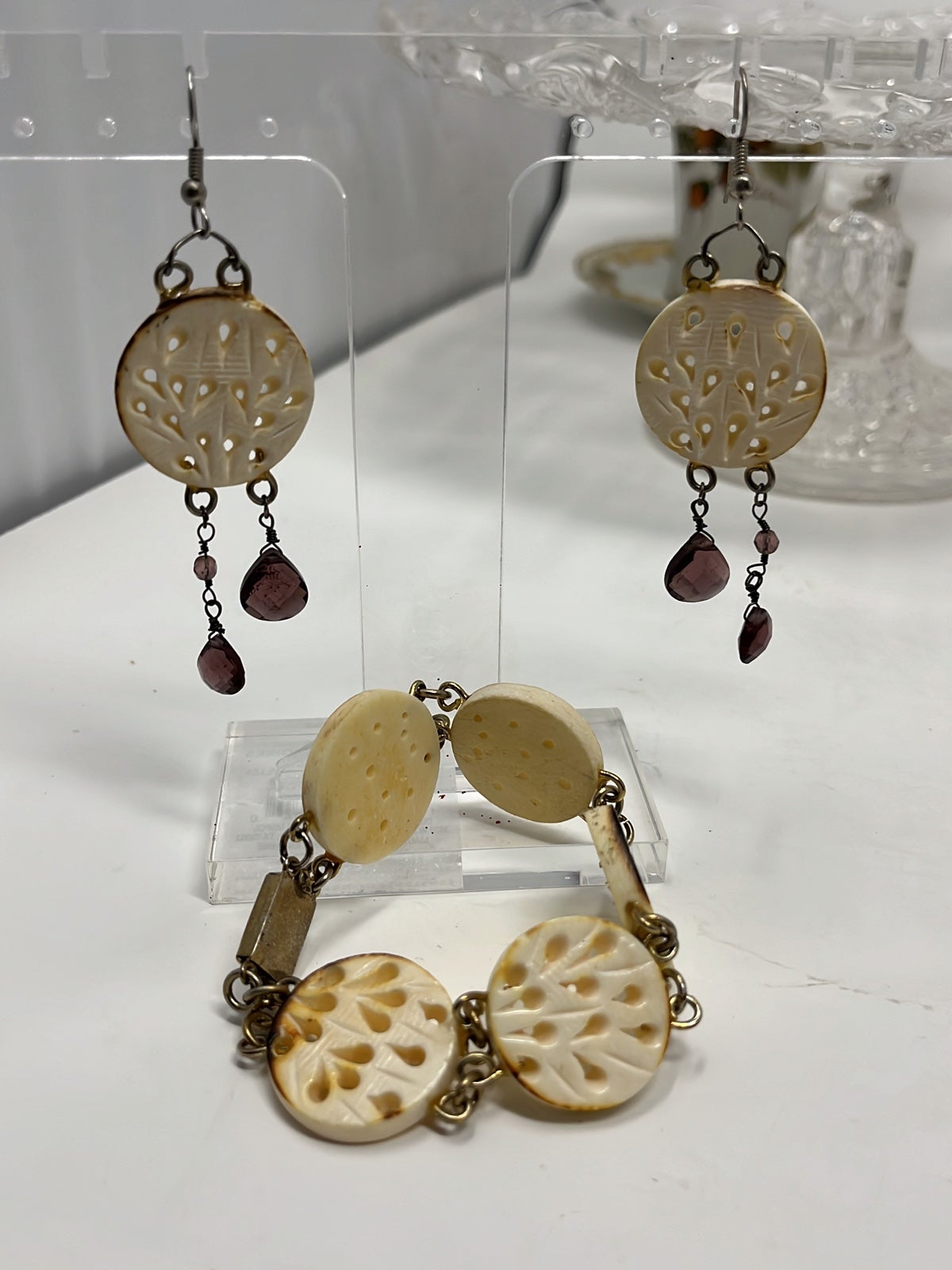Vintage camel bone bracelet and earrings