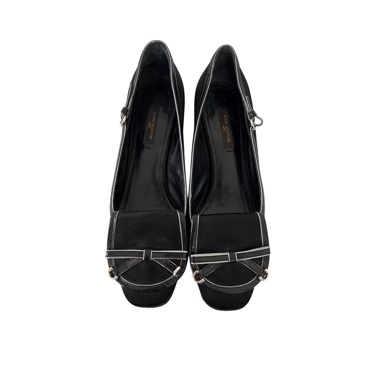 LOUIS VUITTON Black Satin Leather Trim Loafers Heels Size 6