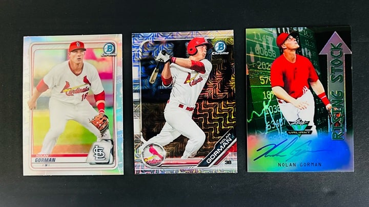 Nolan Gorman 3 card rookie lot ( NR Mint/ Pack fresh/ one auto)