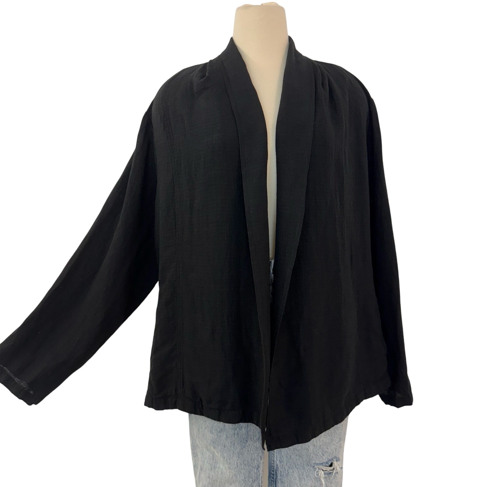Eileen Fisher Linen Blend Cardigan Open-Front Long Sleeve Black 2X