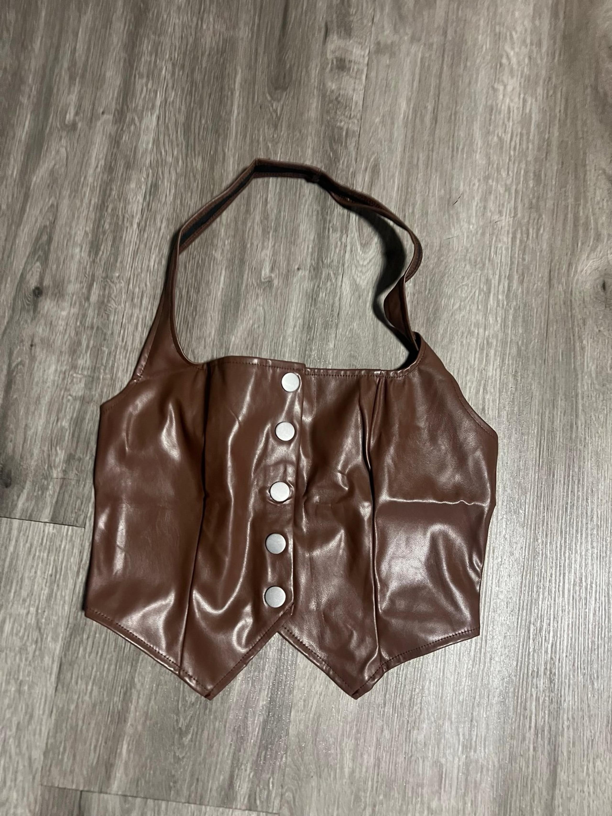 NEW Button Front Ruched Halter V Neck Pu Leather Crop Top