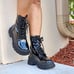 Women's Combat Lace Up Ankle Block Heeled Boots Black Color