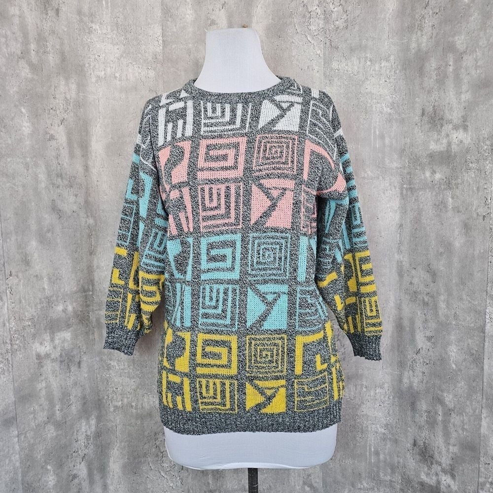 Vintage 80s 90s Jolie Womens M Grey Pastel Geo Pattern Long Line Knit Sweater