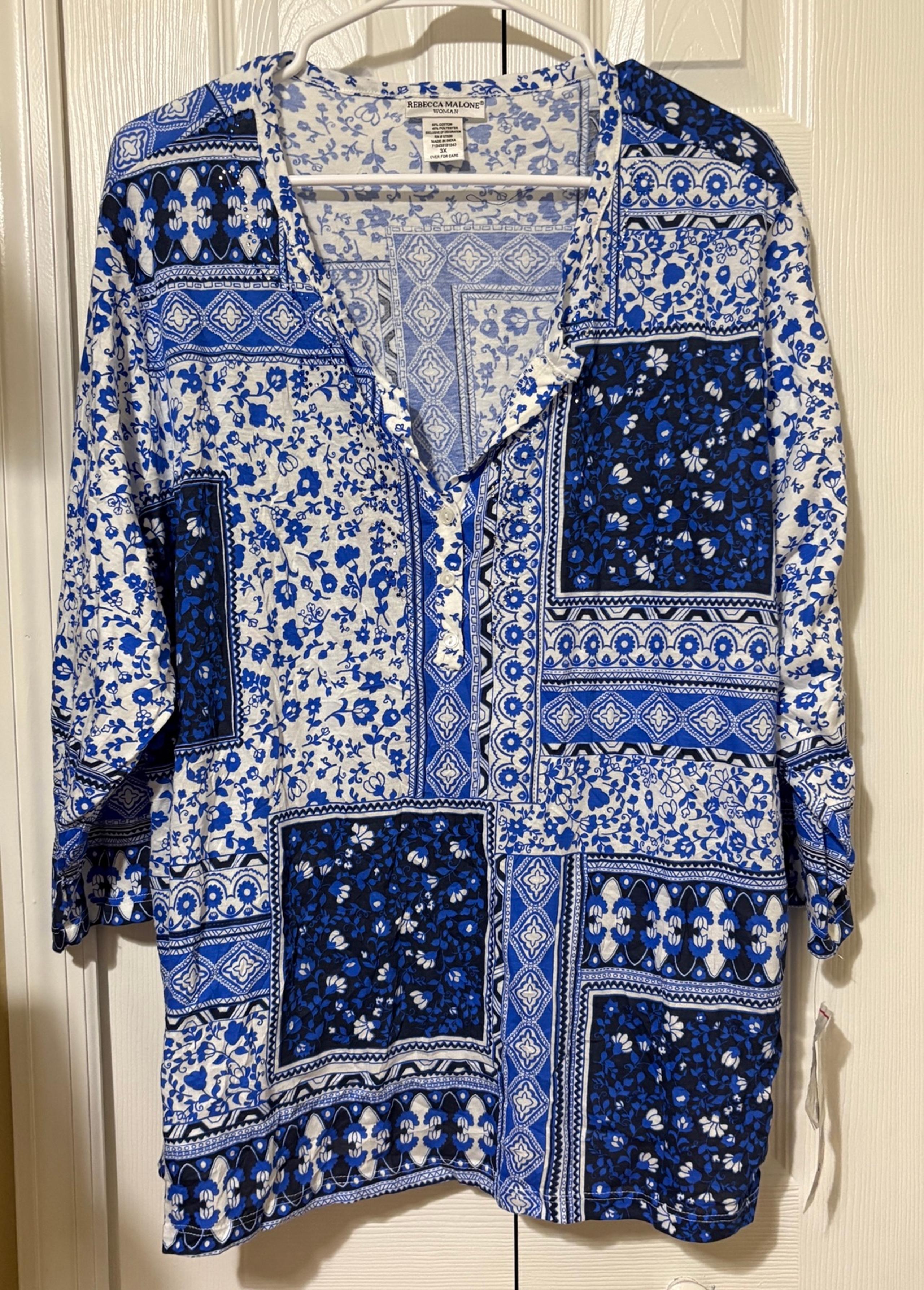 Rebecca Malone Women 3X NWT Blue White 1/2 Sleeve Blouse