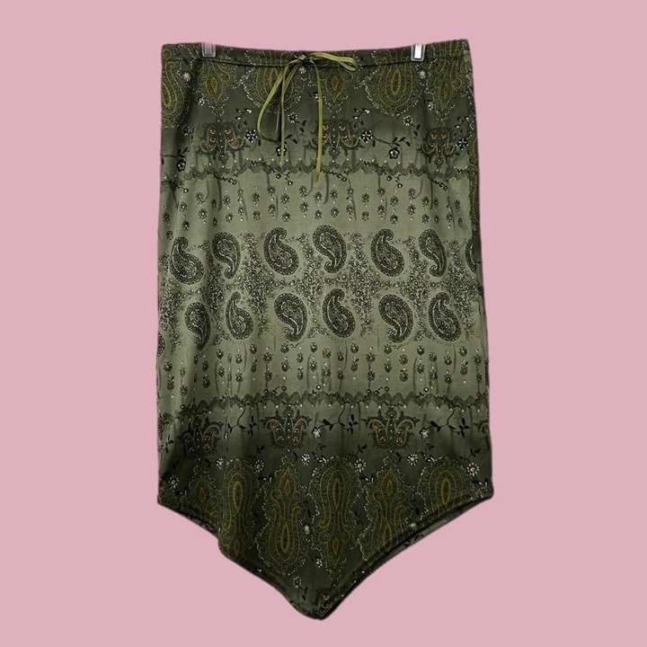 y2k green paisley asymmetric skirt
