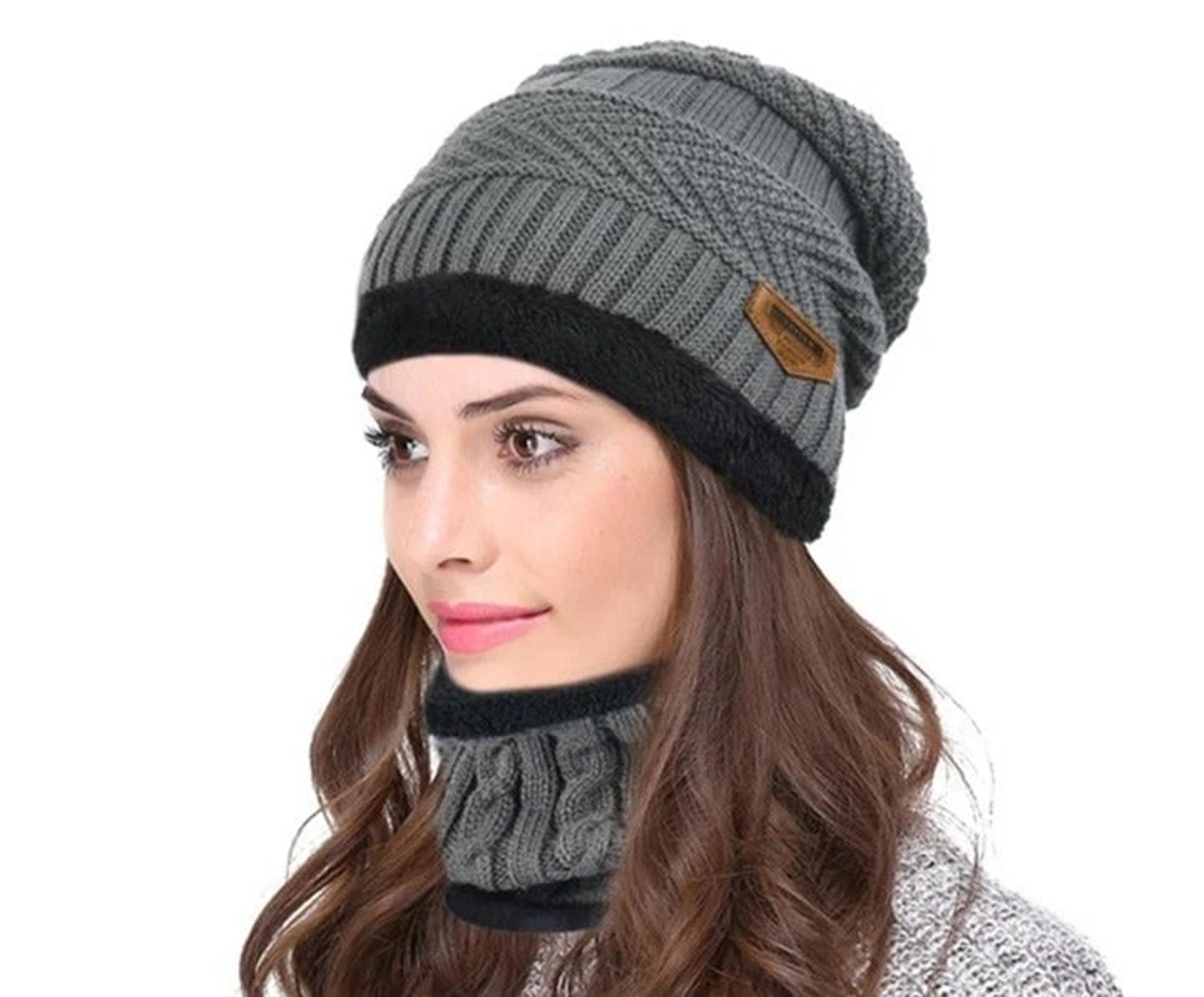 Gray 2-Pcs Unisex Winter Cap Warm Wool Lining Knitted Hat & Scarf