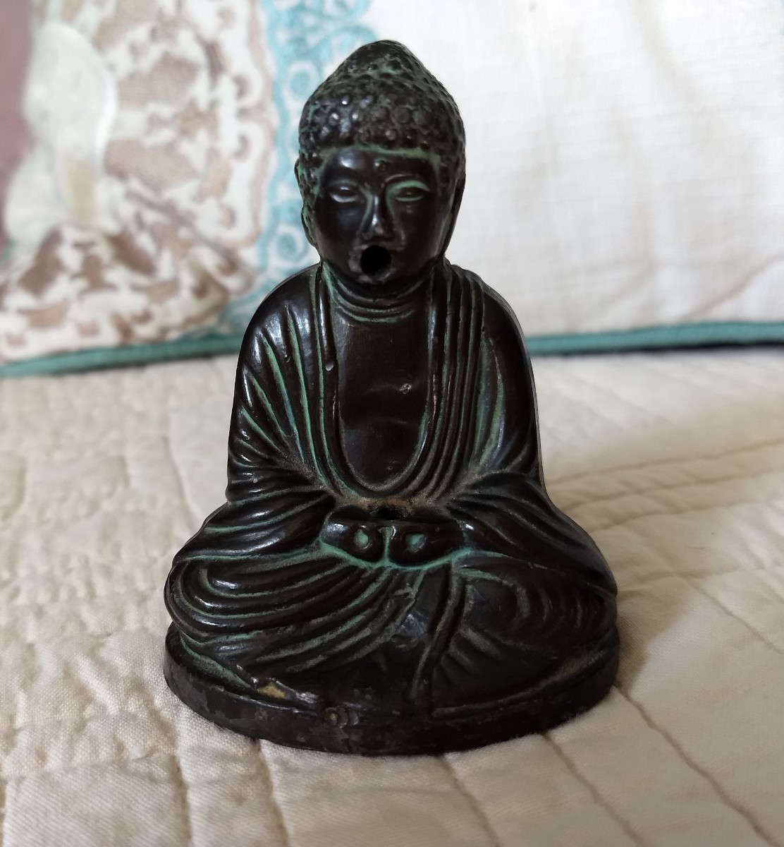 Antique Handcast Bronze Mini Buddha Incense Burner Figurine Buddhist Alter Icon