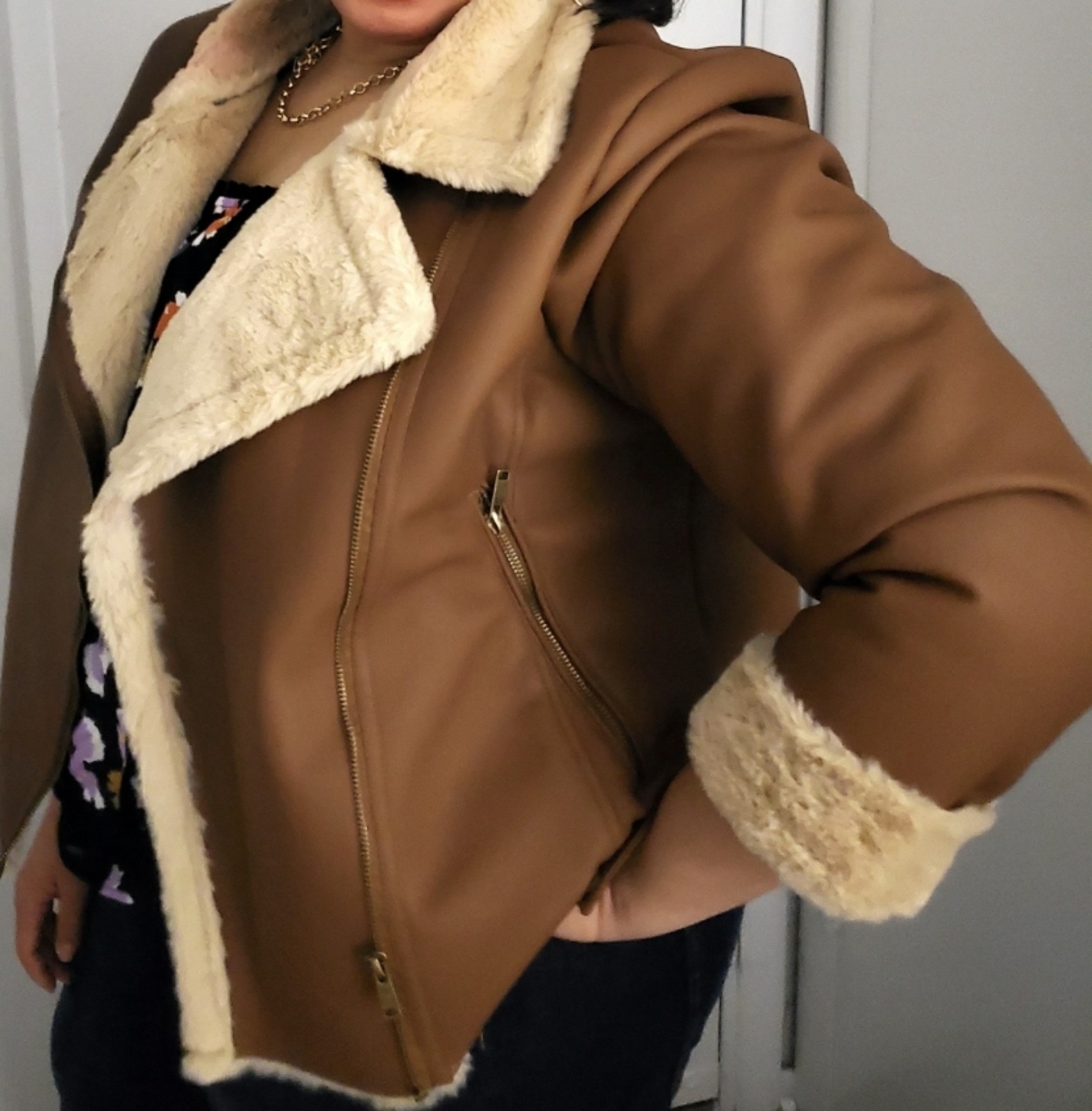 Ana Brown Fleece Lined Motorcycle Jacket (2X)