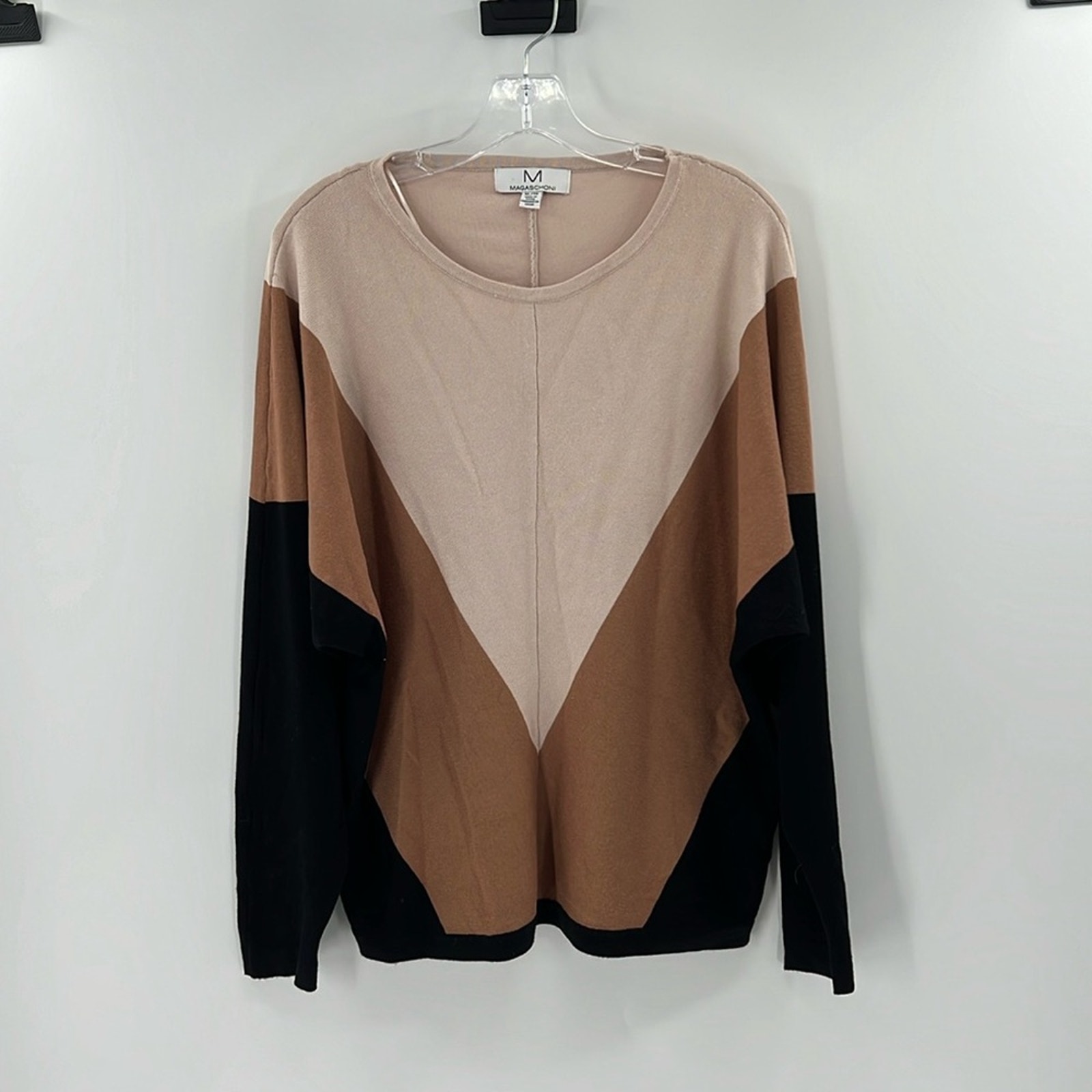 Magaschoni Women's Colorblocked Knit Sweater - Cream/Tan/Black - XL