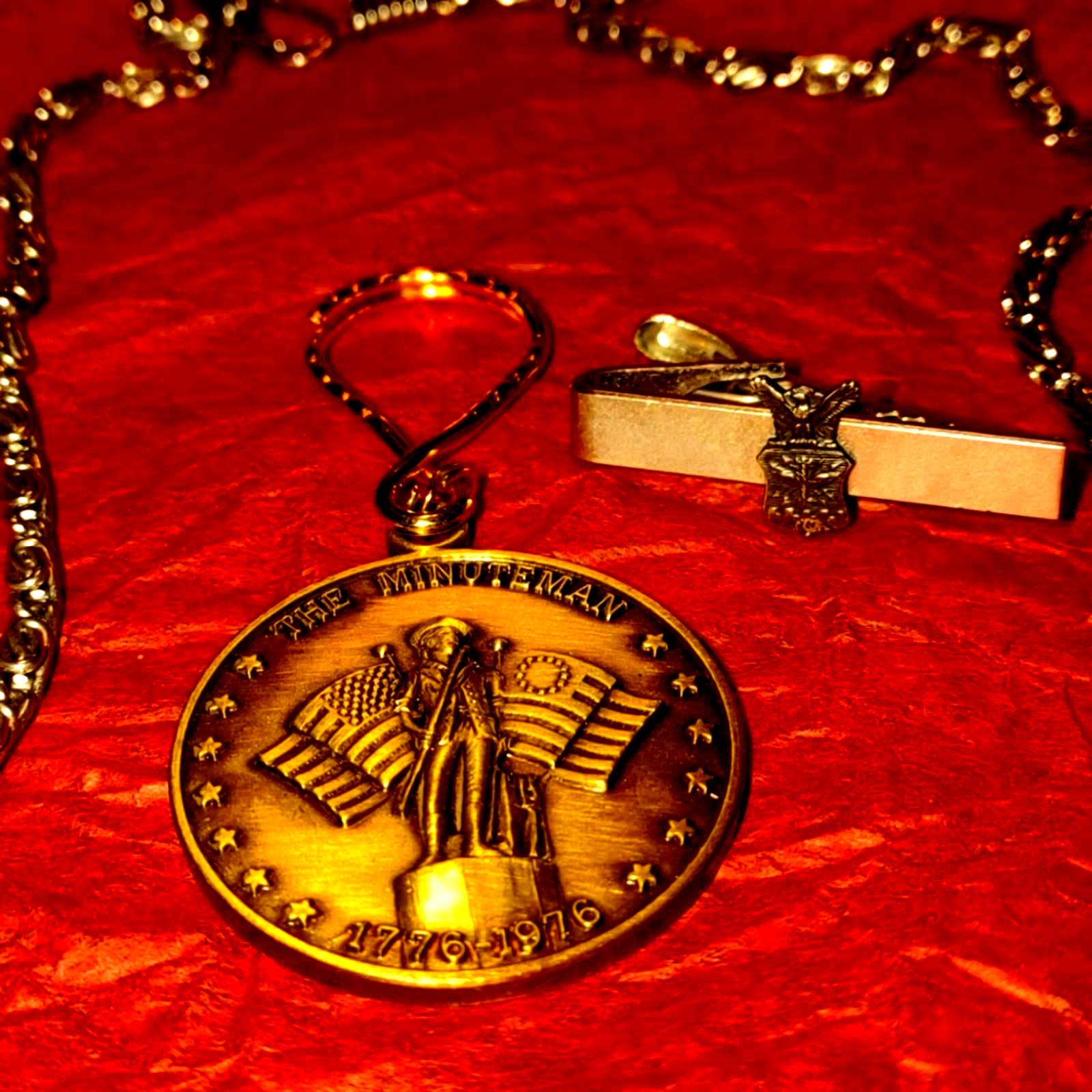 Men's armed forces tie clip~pendant and silver necklace