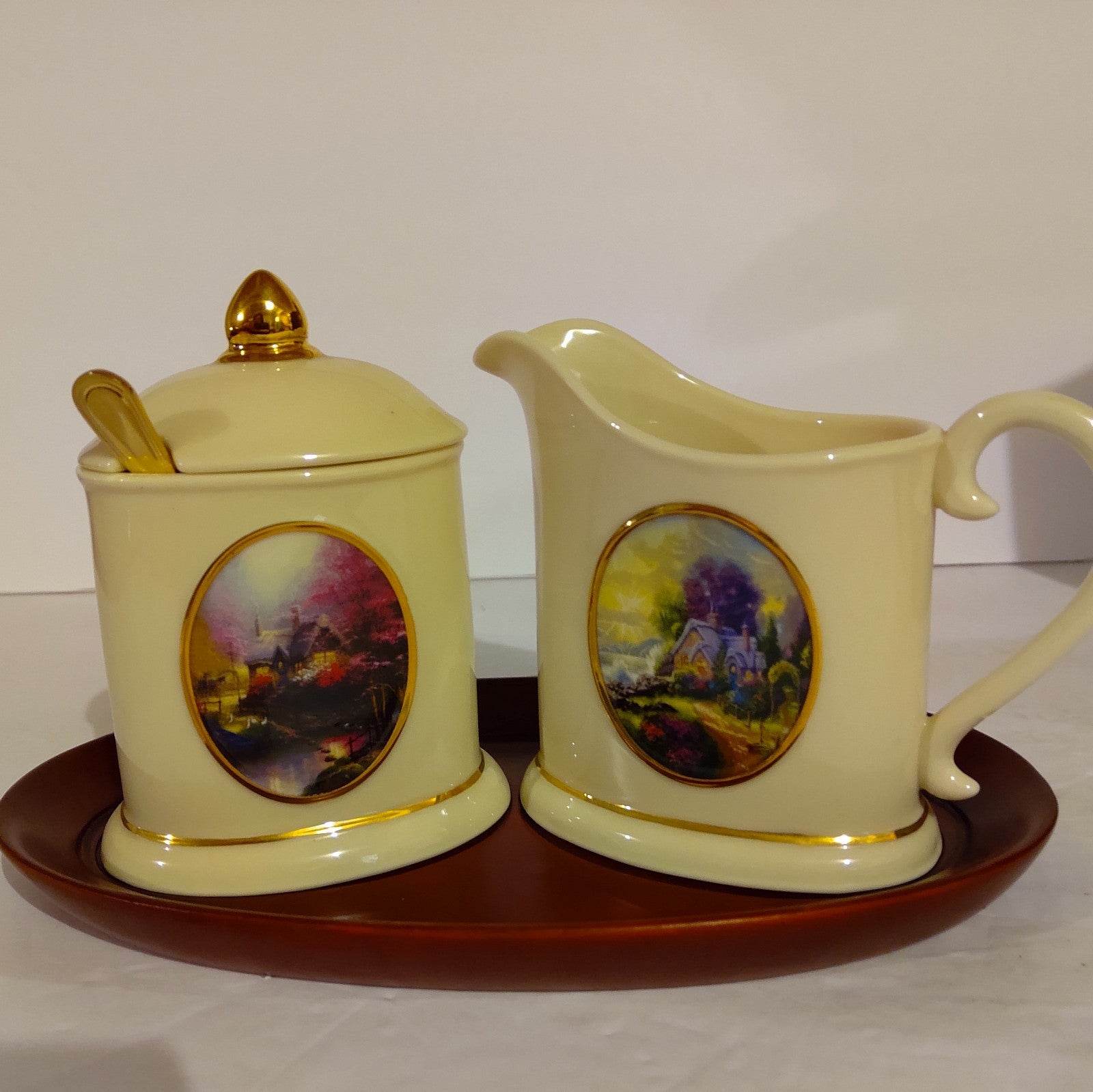 Vintage Thomas Kinkade Creamer And Sugar Set W/ Gold Spoon & Tray - Avon