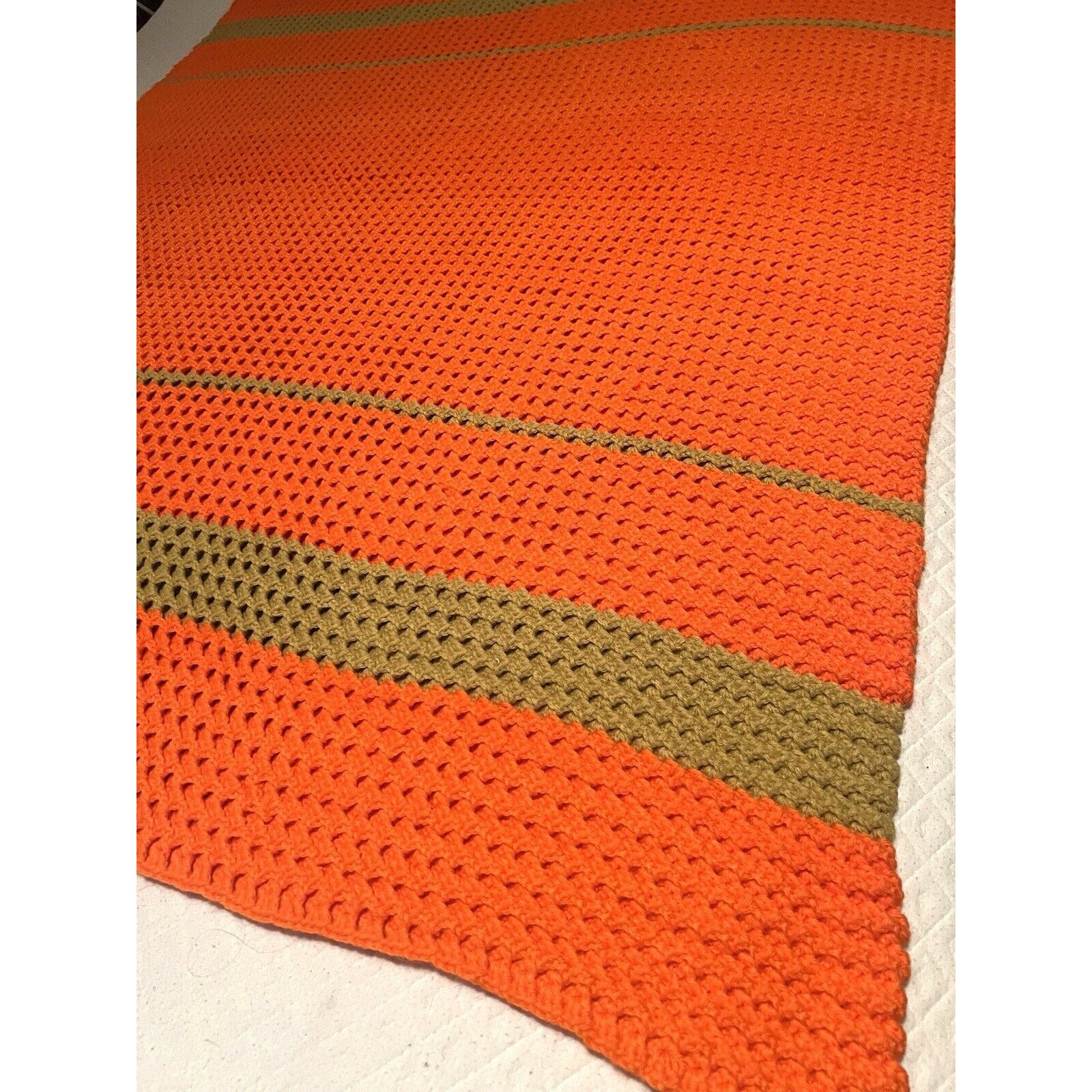 Hand Made Crochet Afghan Retro Throw Blanket 58 X 46 Vintage Orange Tan MCM