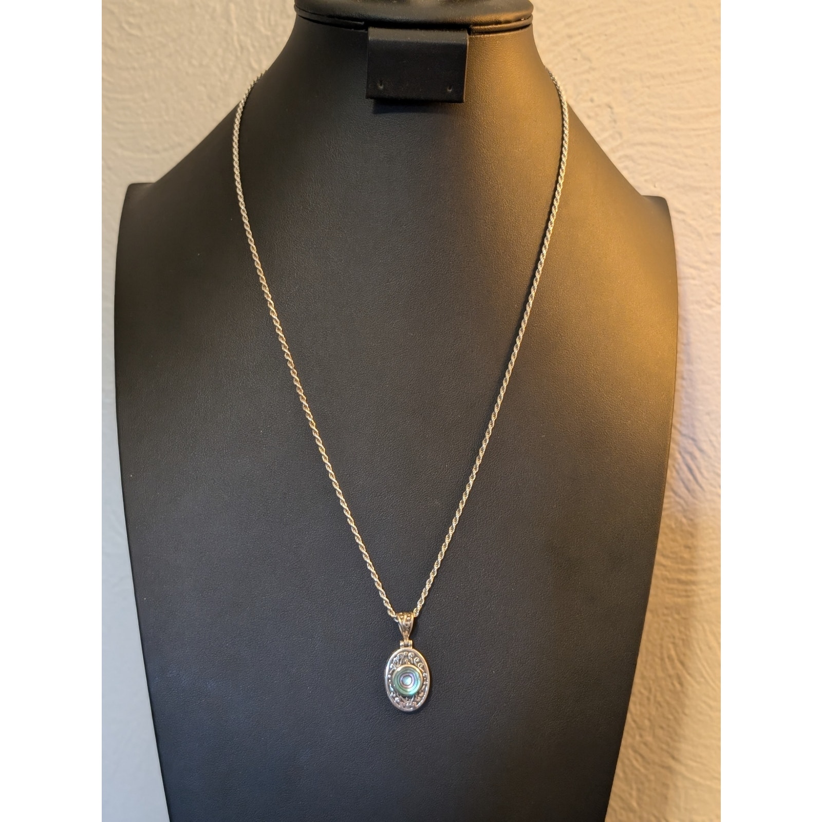 VTG 925 Sterling Silver Filigree Abalone Shell Pendant Rope 24 Chain Necklace
