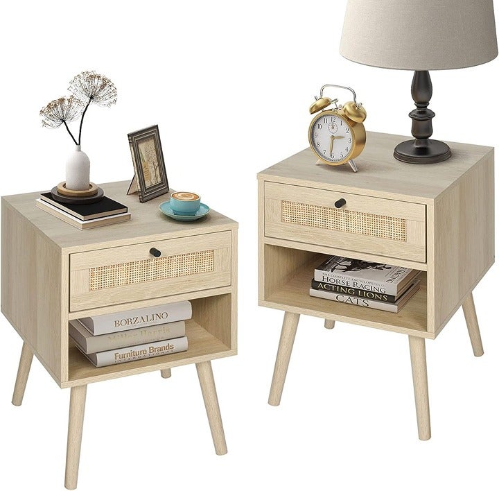 Rattan End Table Set of 2, Nightstand with Open Storage Shelf
