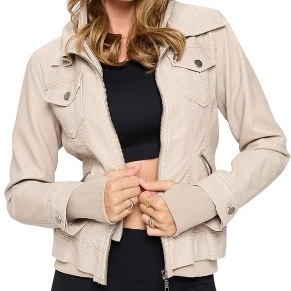 B. Coature Taupe Vegan Leather Hooded Layered Look Jacket with Thumbholes