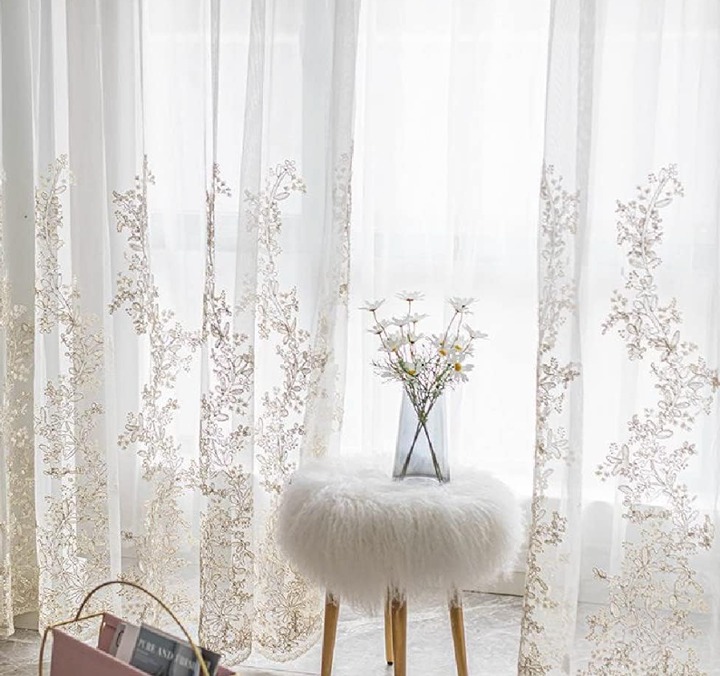 Two panel floral embroidery gold sheer curtain drape fit 72 window or below
