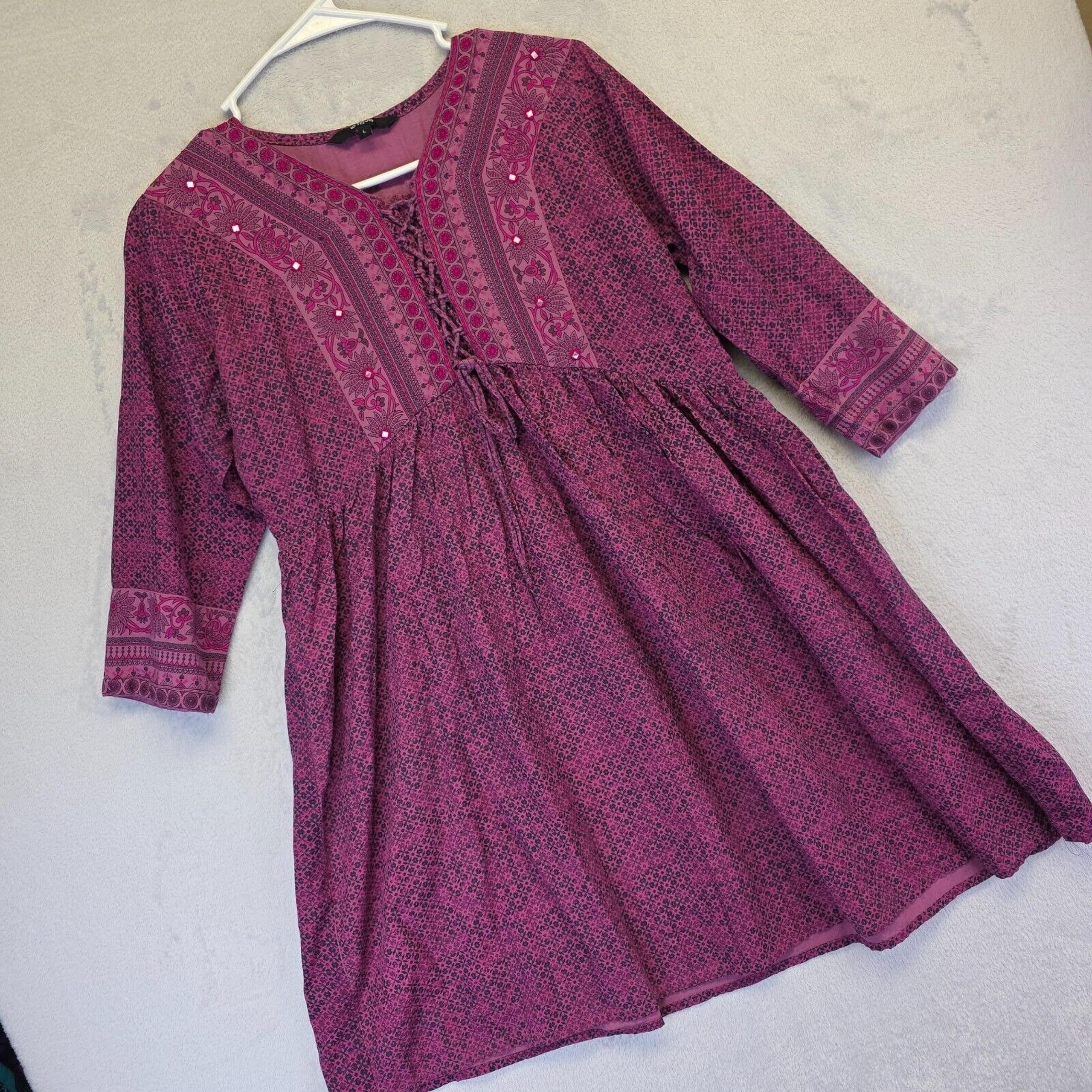 Le Reve Dress Womens L Purple Floral Embellished Lace Up Flowy Tunic Cottagecore