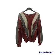 Gabicci Red and Grey Wool Color Block Pullover Style V-neck Unisex Sweater L