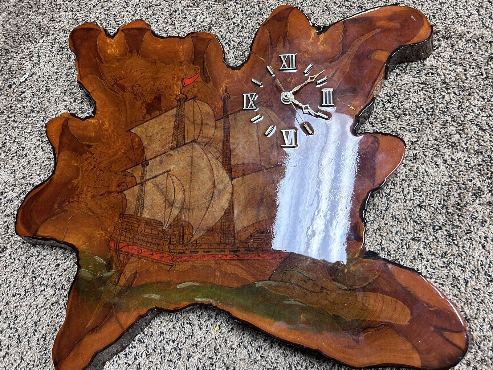 Live Edge Wood Clock Vintage MCM Modern 22” Nautical Shiny