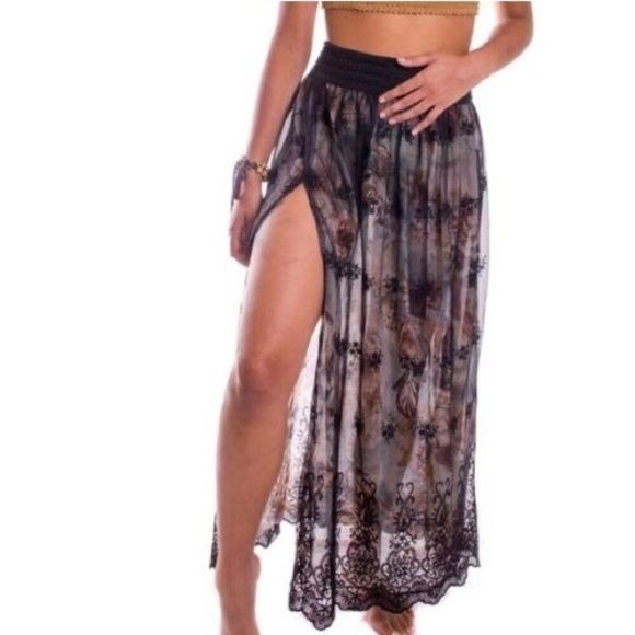 NWT Jens Pirate Booty Sheer Crochet Lace Embroidered Maxi Skirt