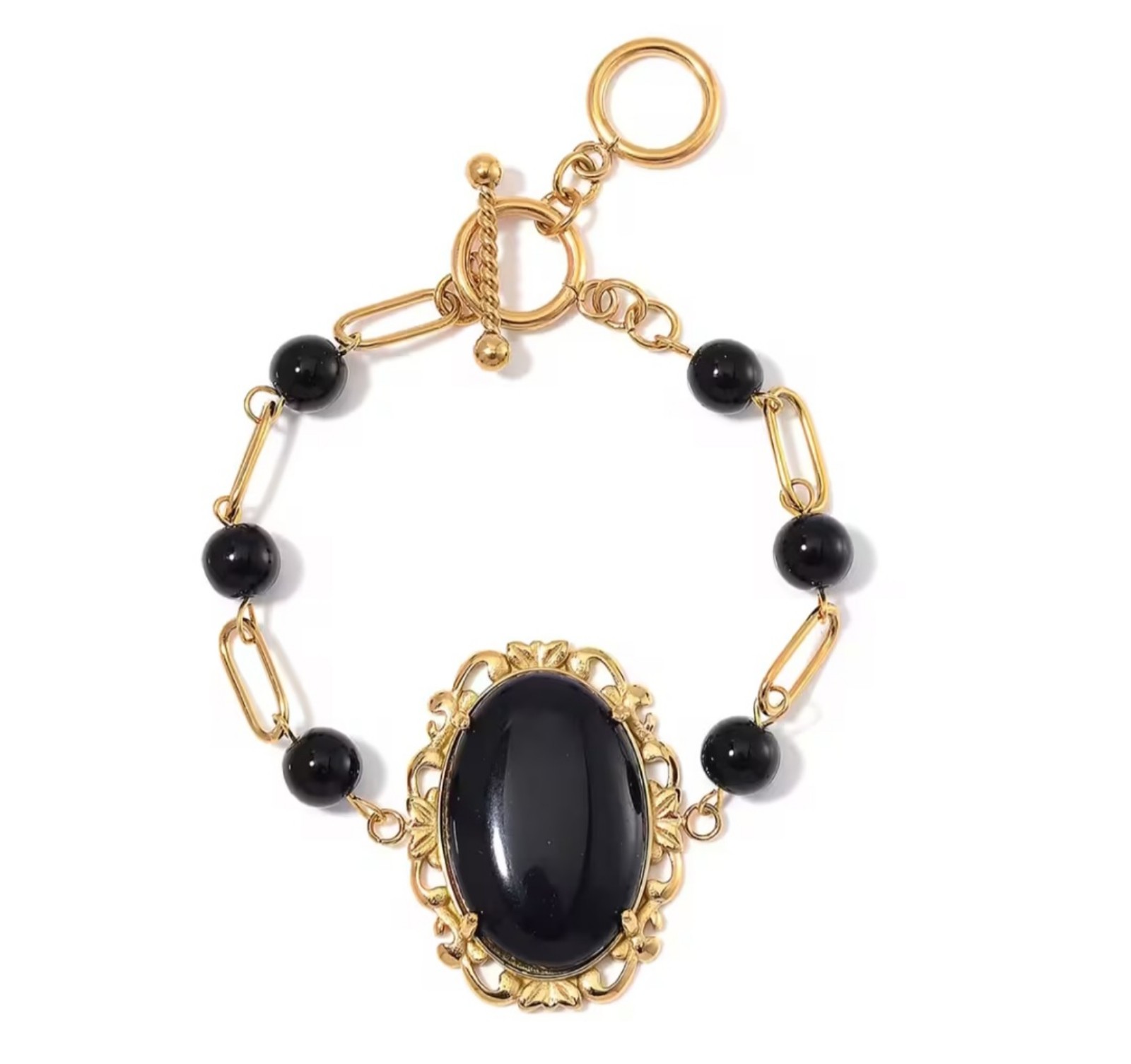 Black Onyx 13.00 ctw Bracelet in ION Plated YG 316L Stainless Steel (7.50-9.0In)