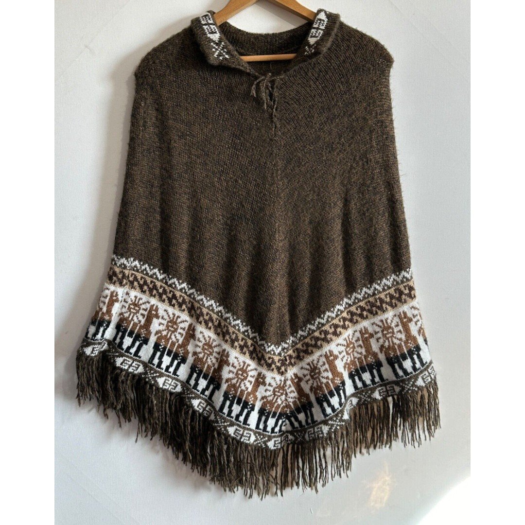 Peruvian Art Brown Hand Knit Poncho Cusquena Alpaca Wool Peru Fringe Faire Isle