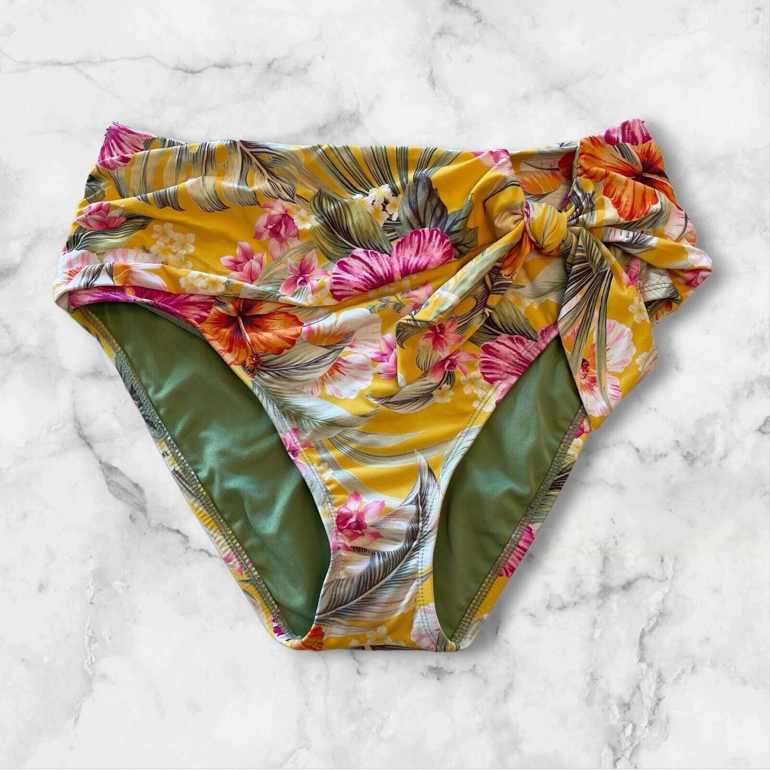 Bleu Rod Beattie High Waist Draped Side Tie Bikini Bottom Sz 4 Floral Yellow NWT