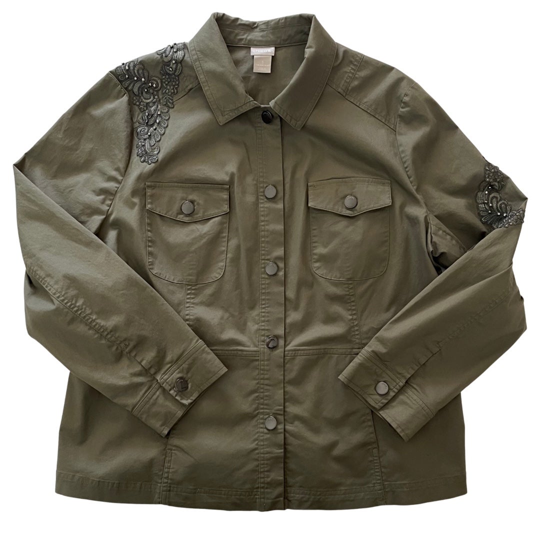 NWOT Chico’s Lace Embroidered Embellished Appliqué Utility Army Green Jacket 3