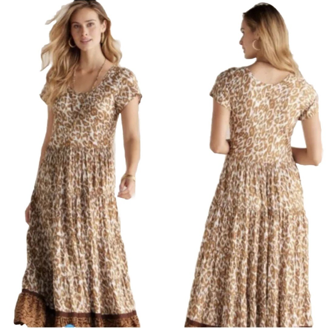 Soft Surroundings Kara Tiered Midi Dress Mocha Leopard size 2X