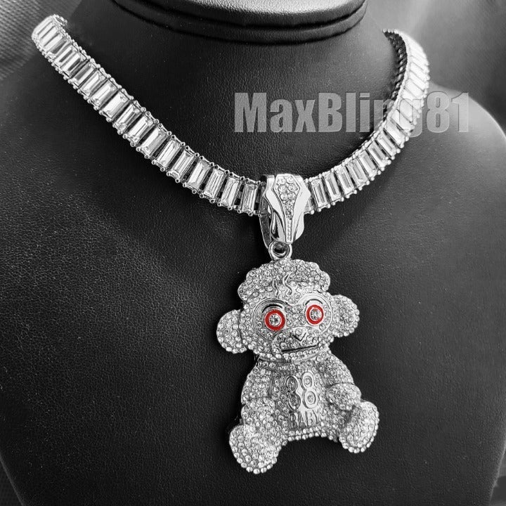 Silver Plated 38 NBA Youngboy Pendant & 20 Iced Baguette Chain Bling Necklace