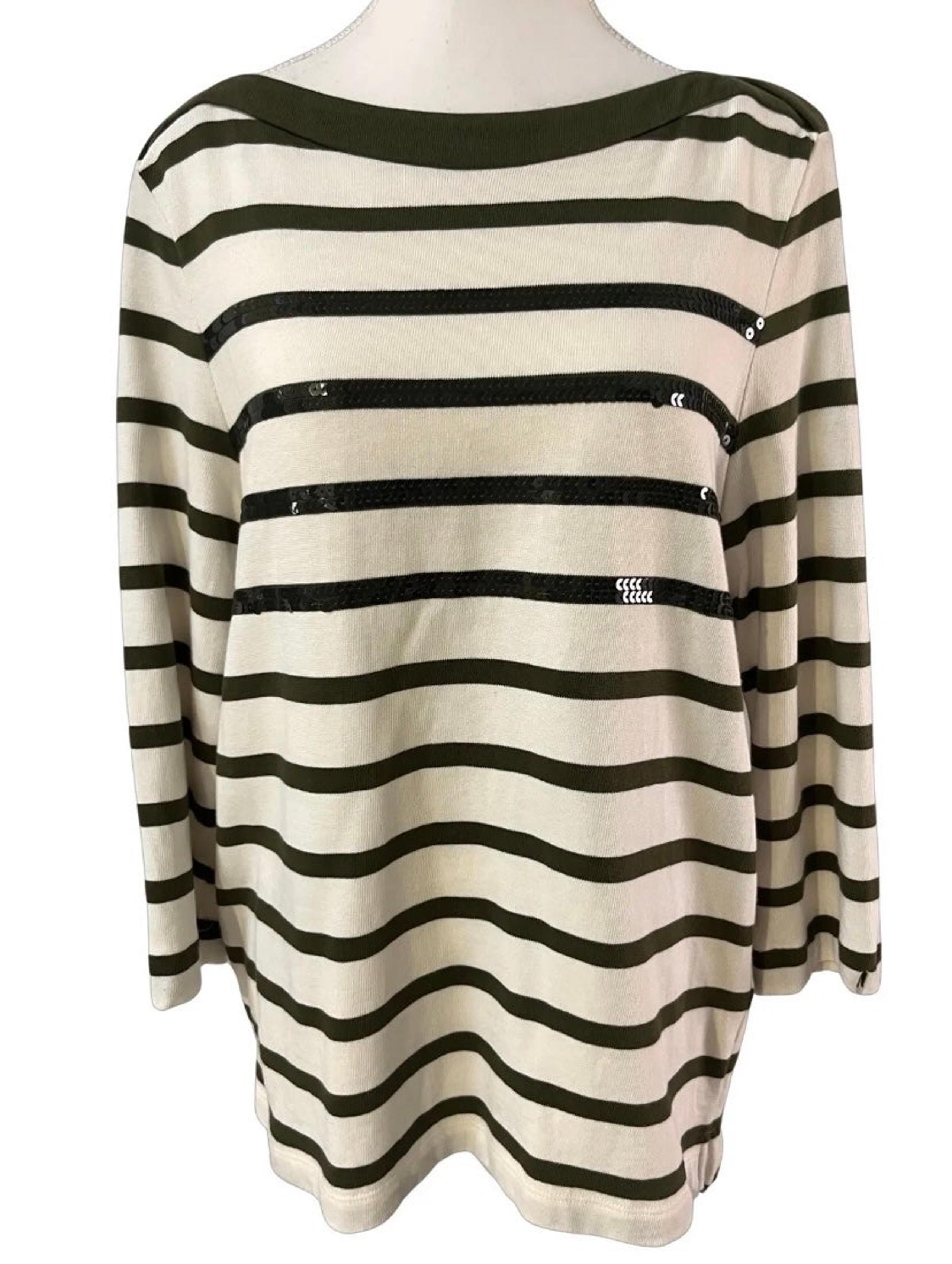 Kate Spade -Hunter Green & Beige Striped Metallic Sequin Knit Top- Size XL