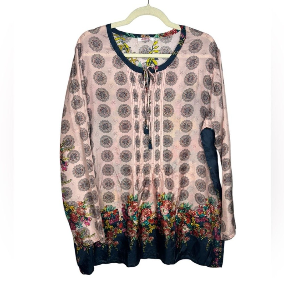 Johnny Was Silk Pintuck Tunic Blouse Maximalist Colorful Feminine Size Large