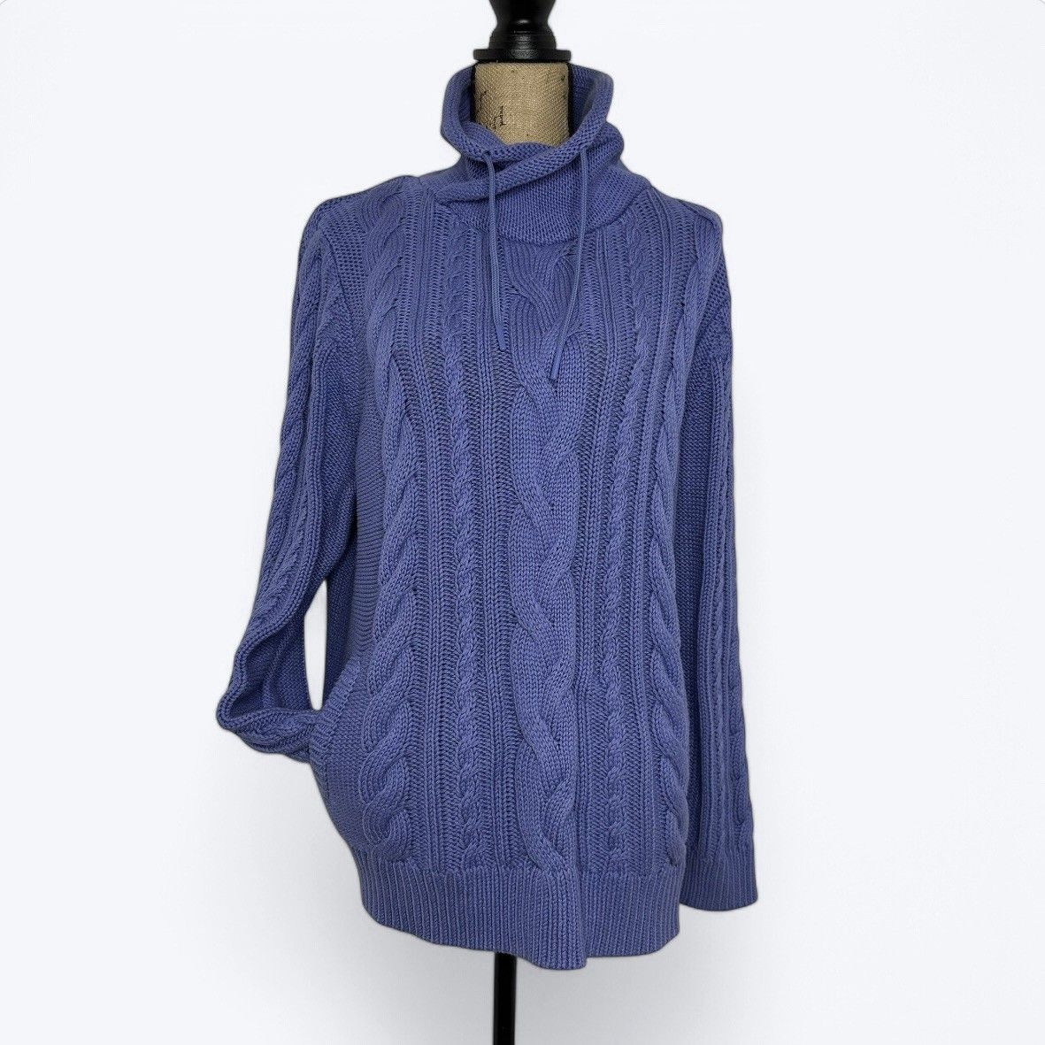 LL Bean Double L Mixed Cable Knit Funnelneck Sweater Womens Sz 2X Larkspur Blue