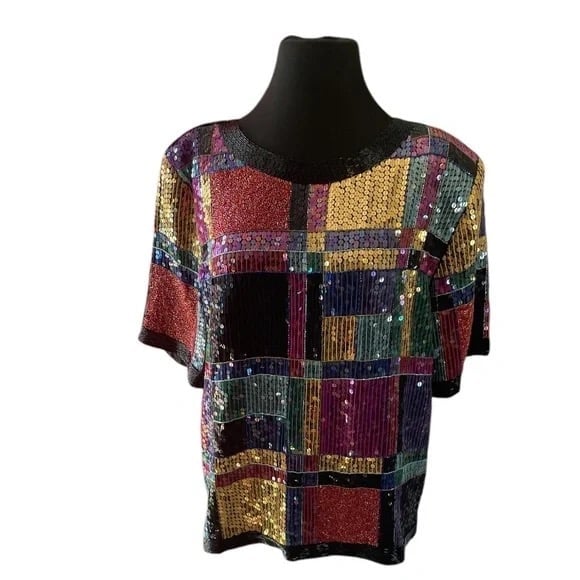 Vintage 80s Jean for Joseph Le Bon Silk Color block Beaded Sequined Blouse, Med