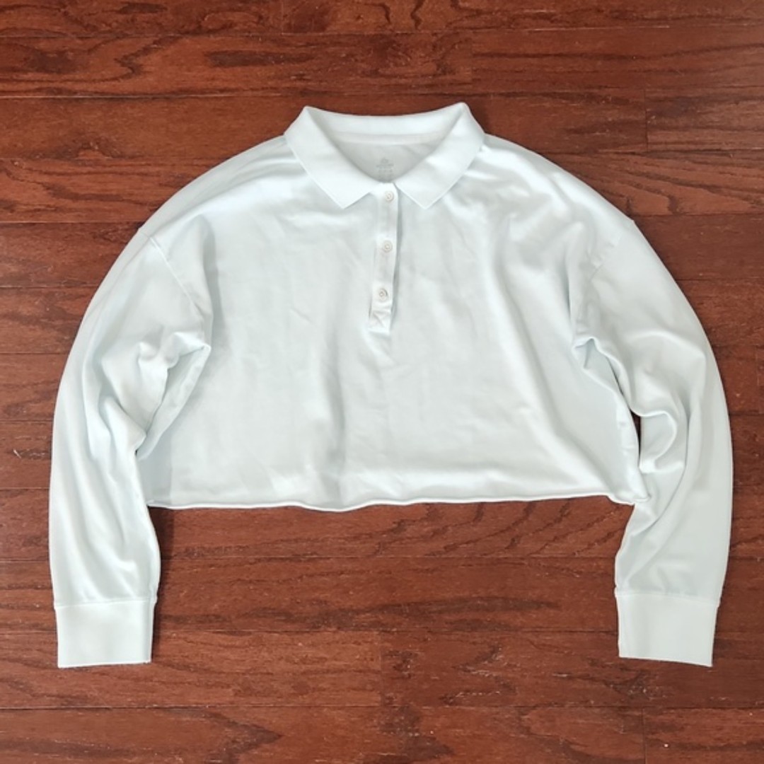 Offline by Aerie Long Sleeve Cropped Polo Shirt, White, Size M
