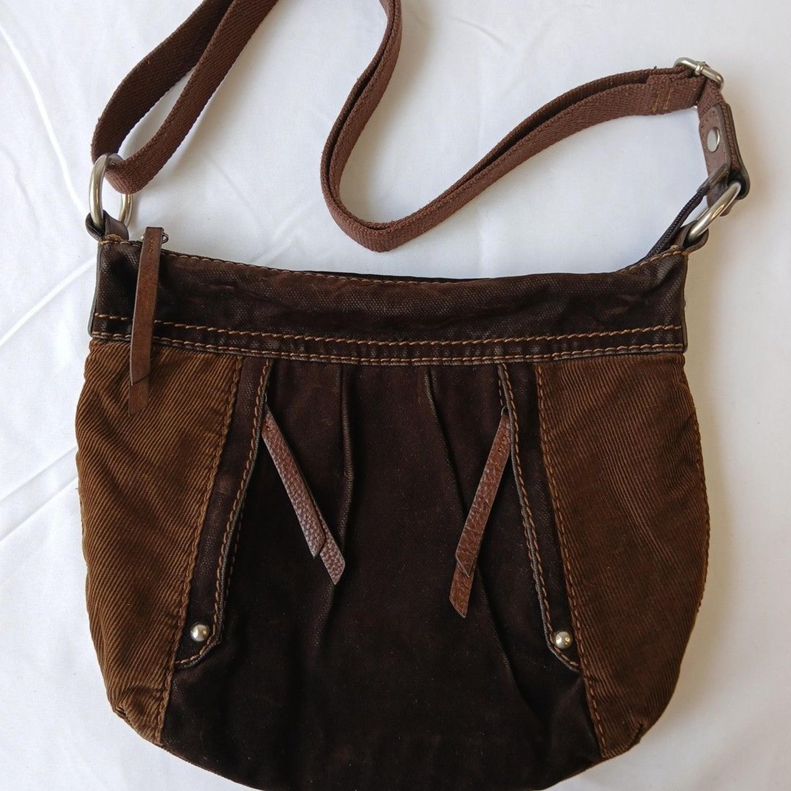 FOSSIL Crossbody Boho Chic Vintage Handbag Purse Brown Leather Canvas Corduroy