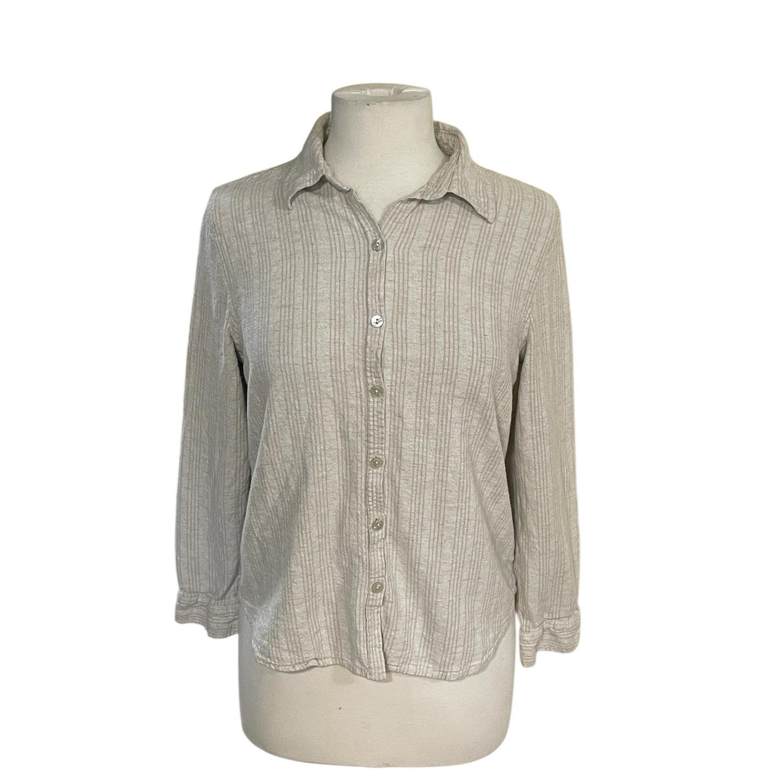 Linen Blend Shirt Women’s Beige Stripe Button Up Roll Tab Sleeve-Small - Orvis