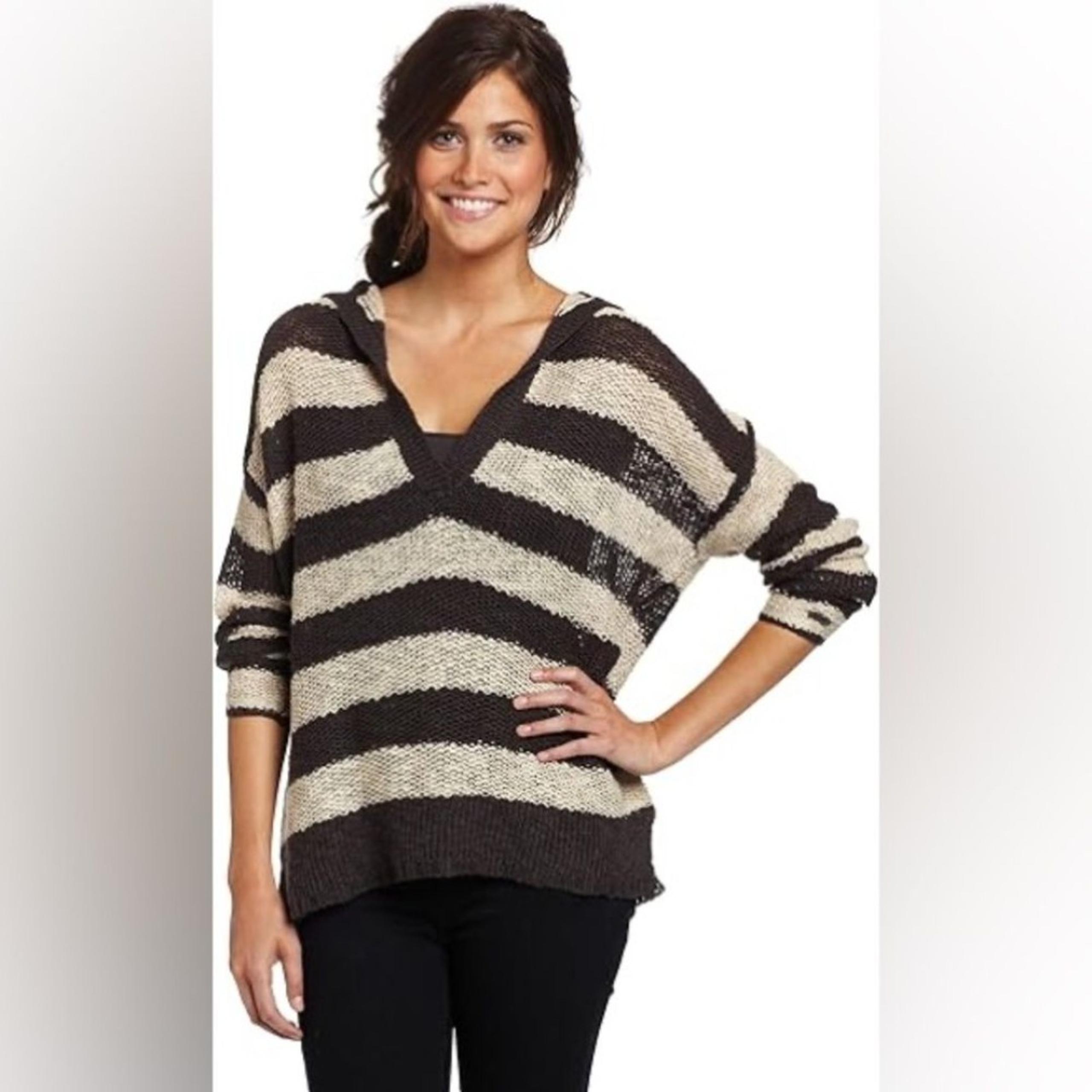 Roxy Boho Beachy Open Knit Hooded Sweater Brown & Cream, Size Small