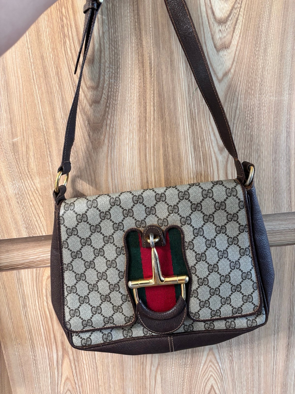 Auth GUCCI Vintage Horsebit Sherry Line GG shoulder Bag Beige Brown DAMAGE