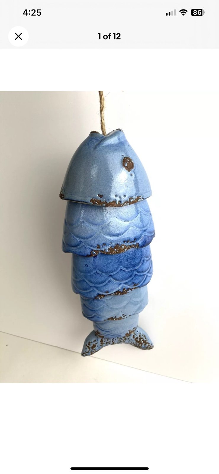 New Ceramic Koi fish wind chime blue color 14”L