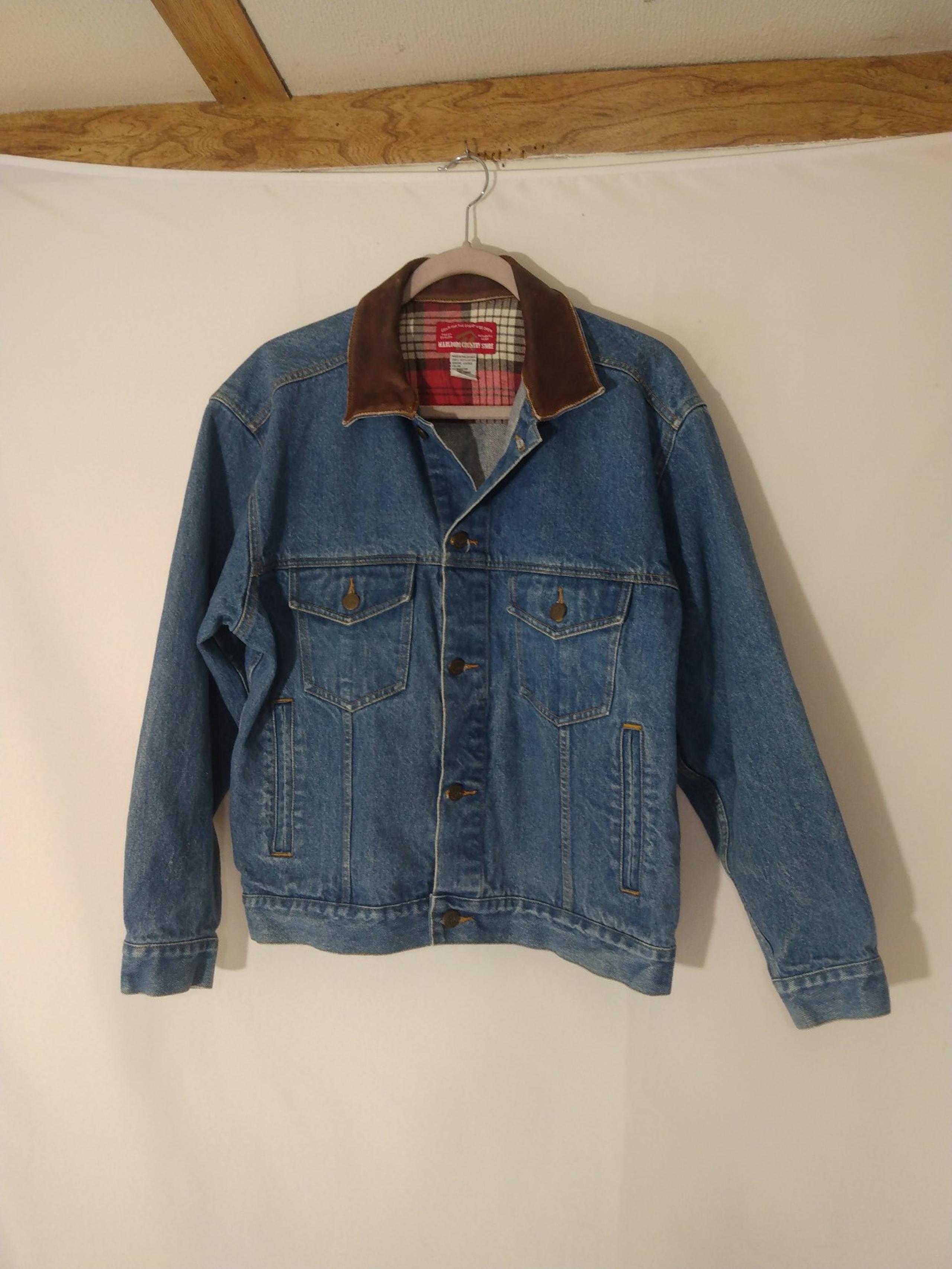 Mens Vintage Marlboro Country Store Denim Trucker Jacket Size Small Leather