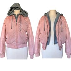 AMBIANCE OUTERWEAR Hooded Zip Up Jacket Windbreaker Gray Pink Active Medium