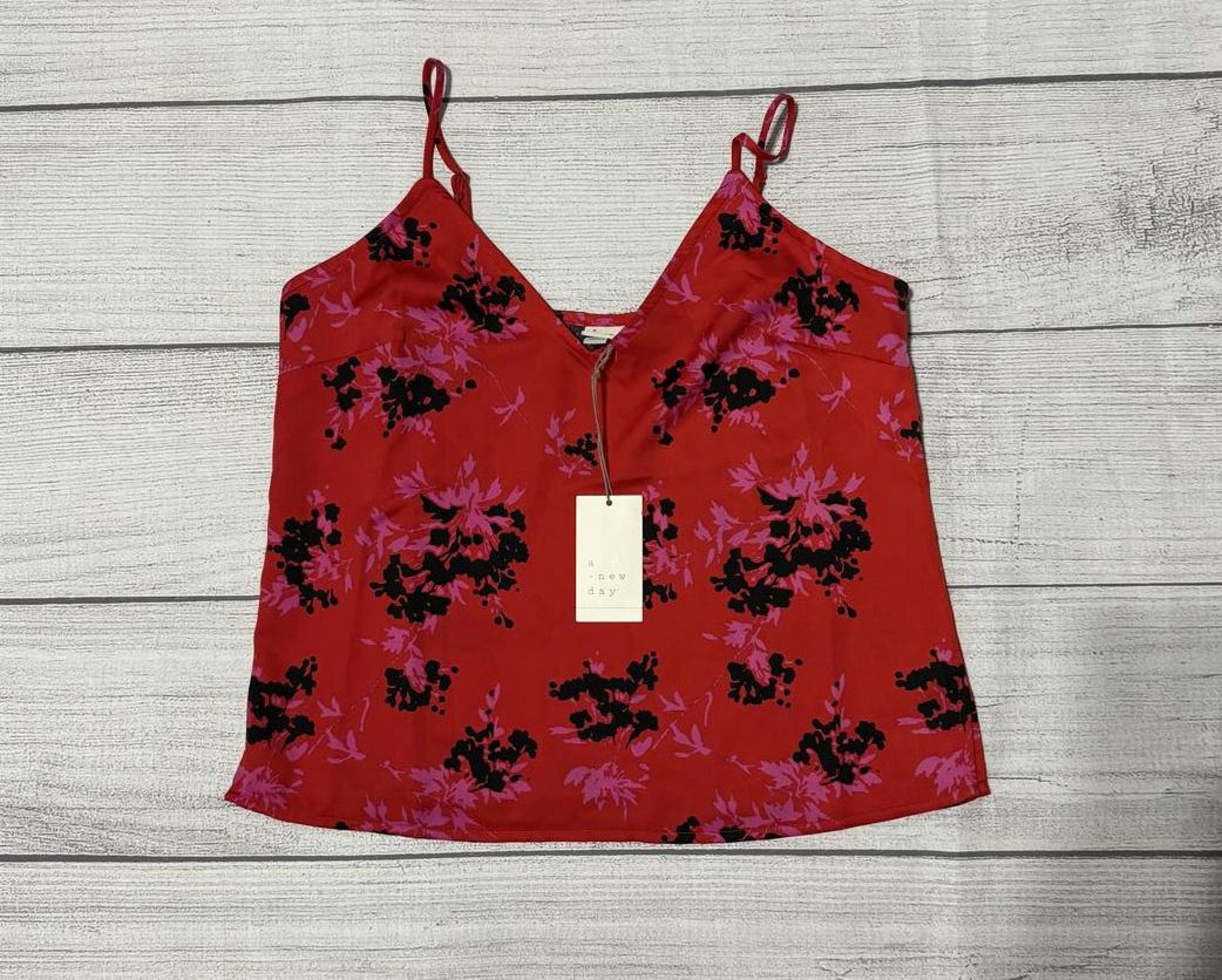A New Day Red Black Floral Satin Cami Women Size XS