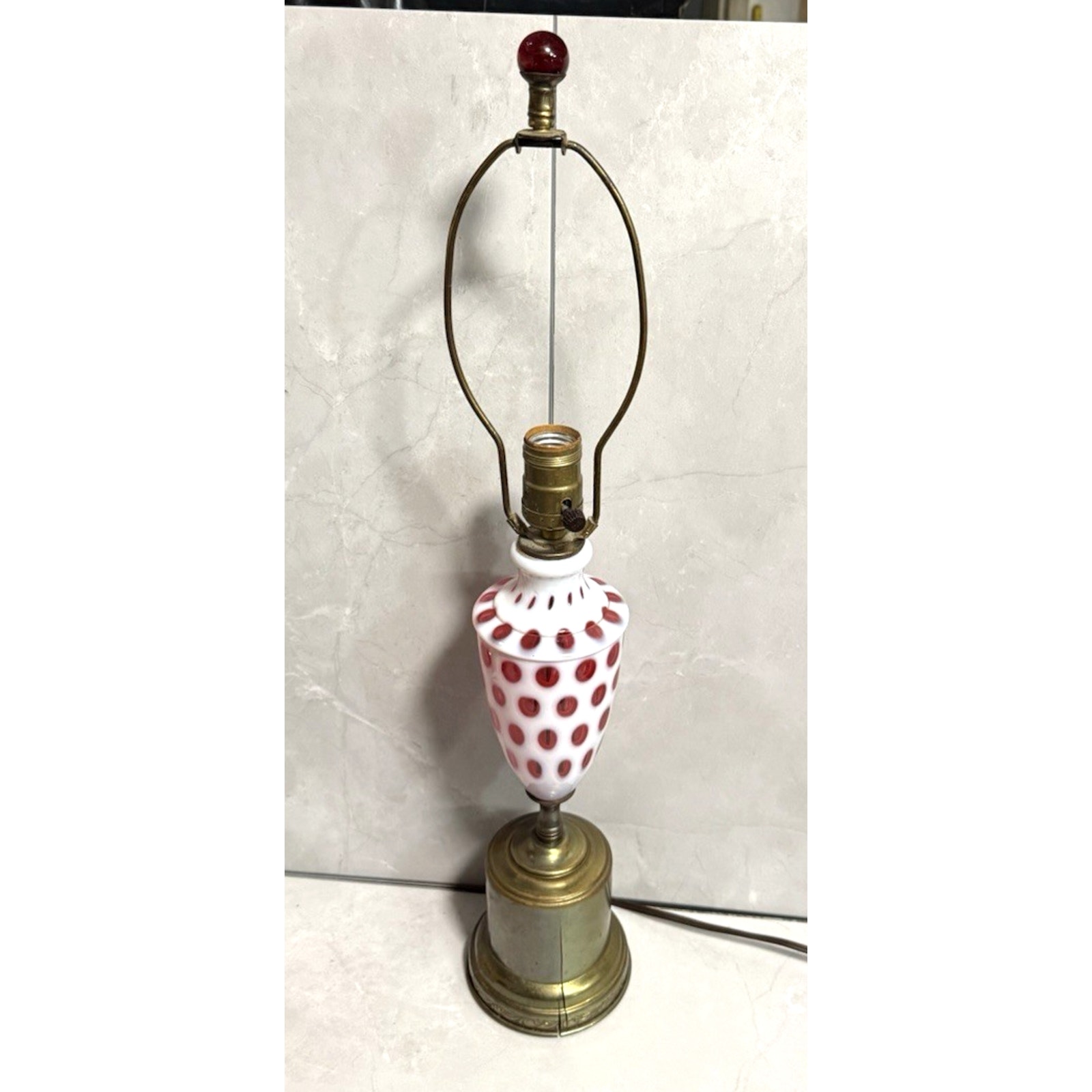 Vintage 1950s Fenton Cranberry Coin Dot Lamp 24” tall
