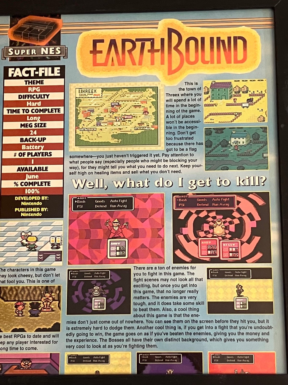 90s Rare Earthbound Release Guide Review Super Nintendo SNES ~ Framed Original