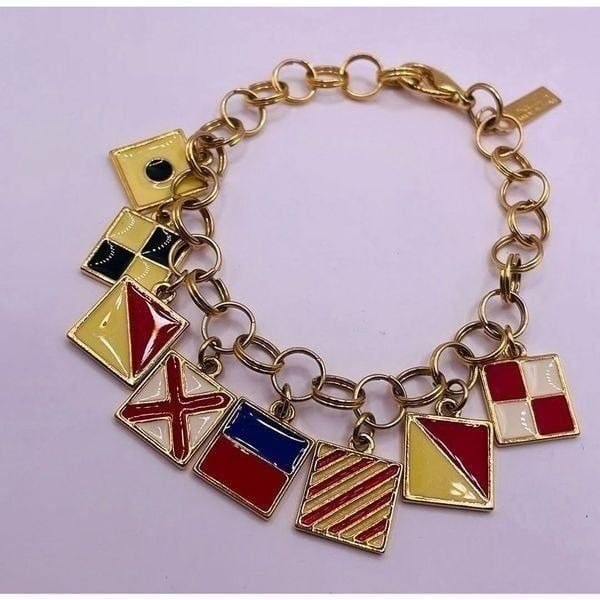 Vintage Kathie Lee Gold Tone Flags Charm Statement Bracelet